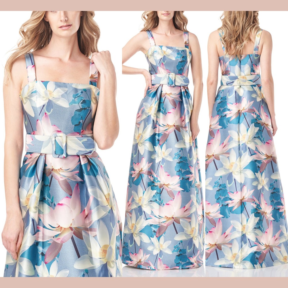 NWT $308 Kay Unger [ 2 ] Annabella Floral Column Gown in Dove Blue Cerise #S1893